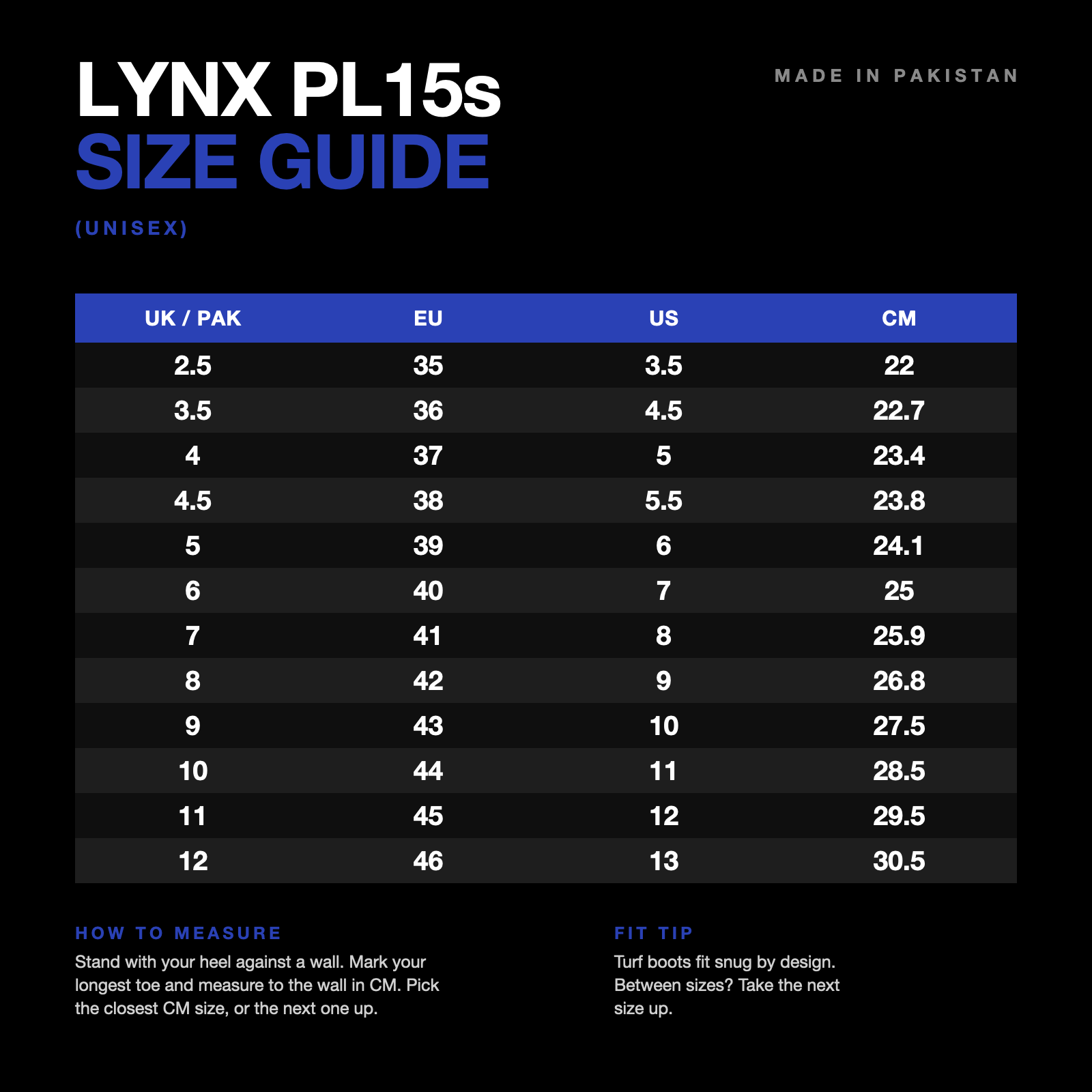 LYNX PL15s size guide: UK/PAK, EU, US and CM conversions