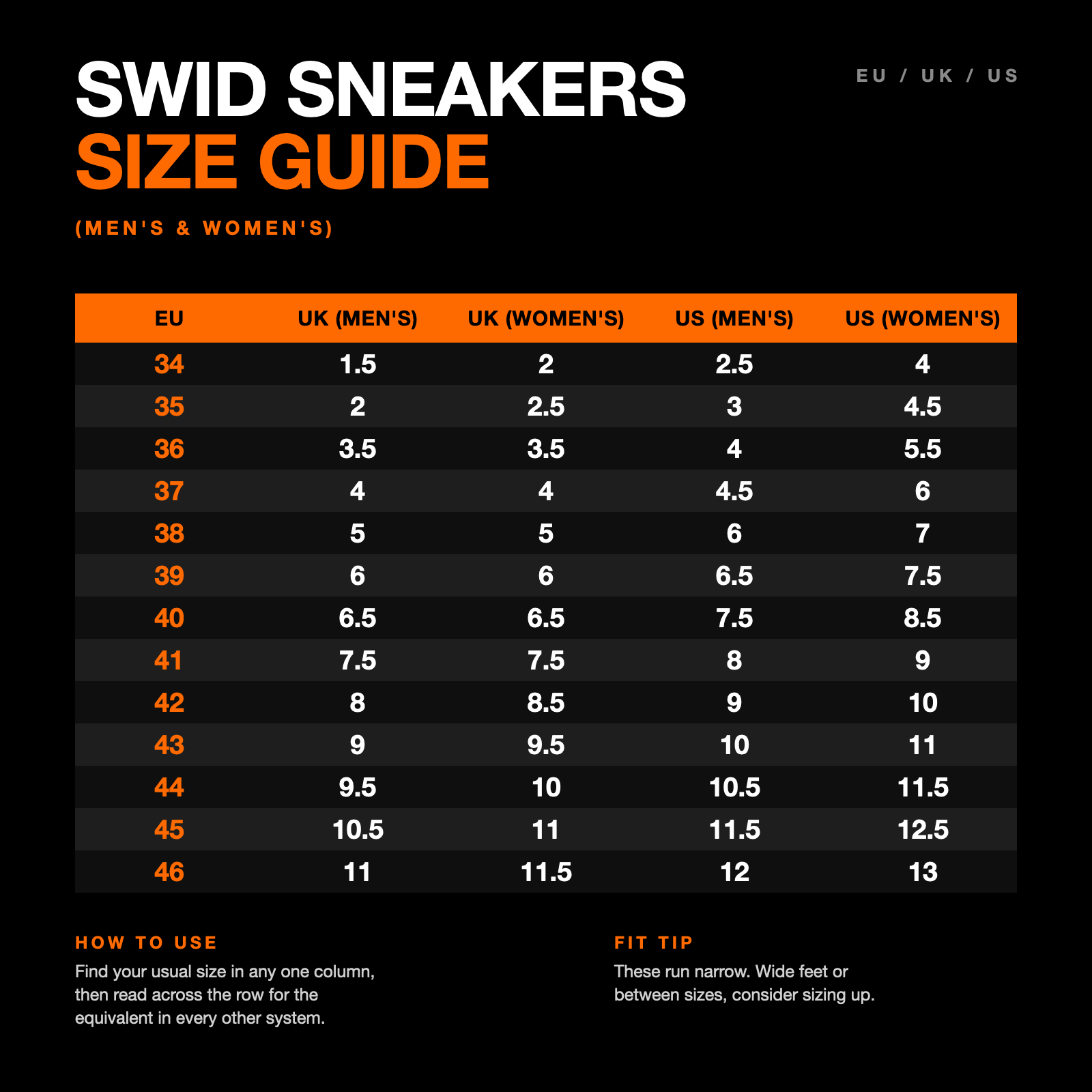 SWID sneakers size guide: EU, UK and US conversions for men and women